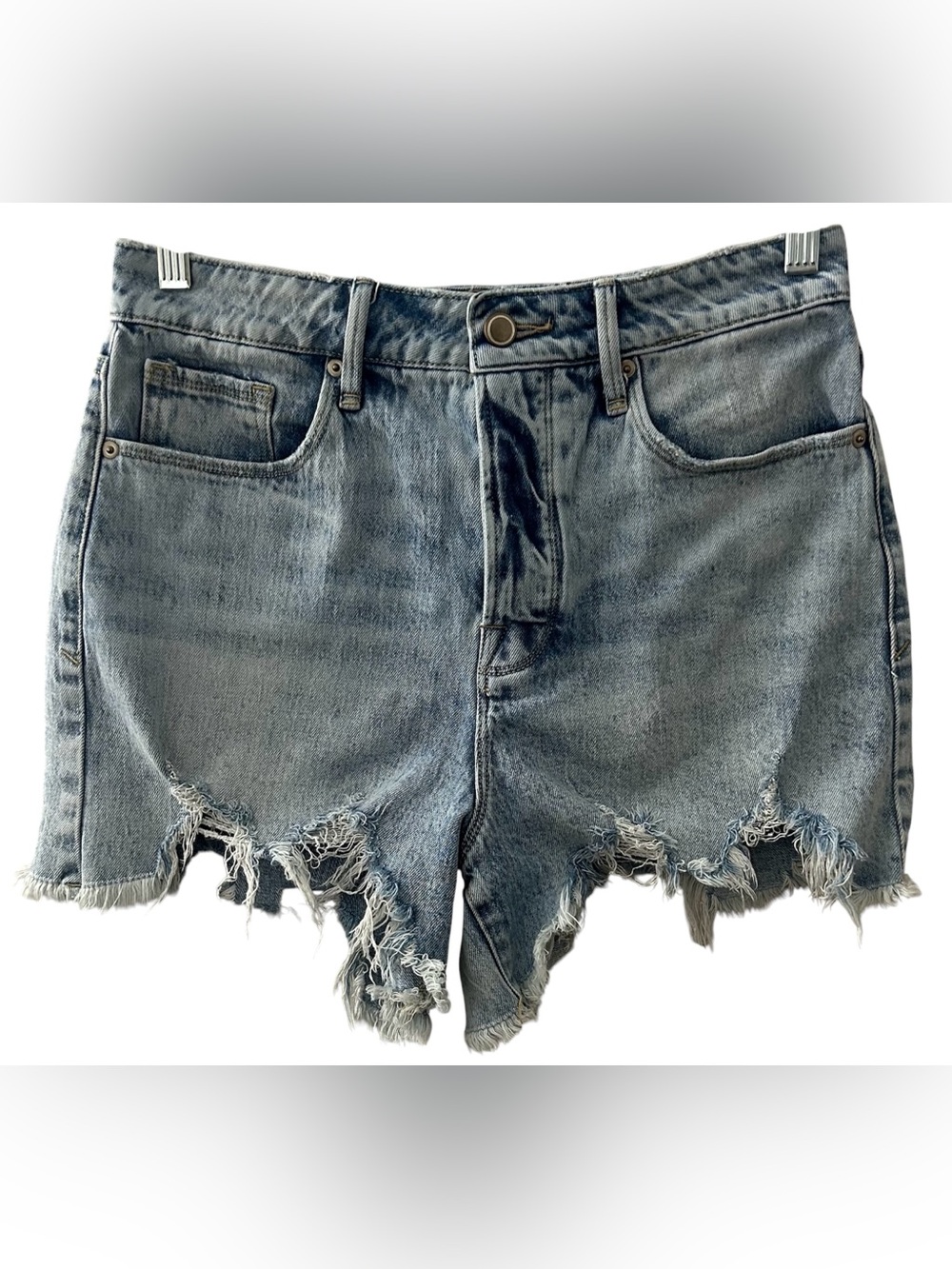 Good American Distressed Denim Shorts Frayed Button Fly Women’s Sz 8/29